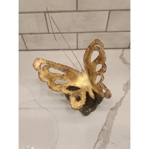 MCM Brutalist Kinetic Metal Art Sculpture Brass Butterfly‎ on Real Rock Stone